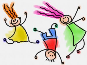 The aniamted illustration of three very happy little kids