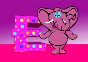 An animated picture of a funny elephant standing next to the letter E.