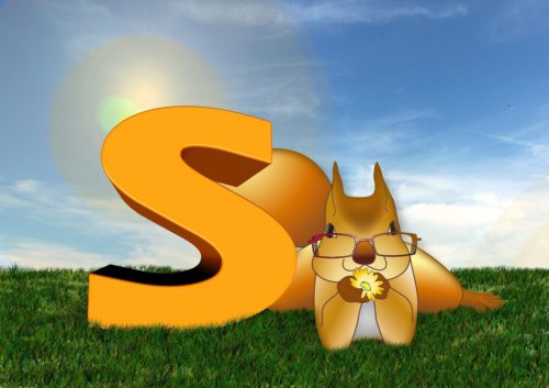 An animated picture of a funny squirrel sitting next to the letter S.