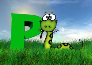 An animated picture of a snake in front of the letter P.