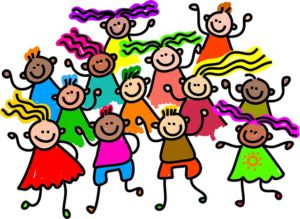 The colorful animated picture of many kids singing and dancing with joy.