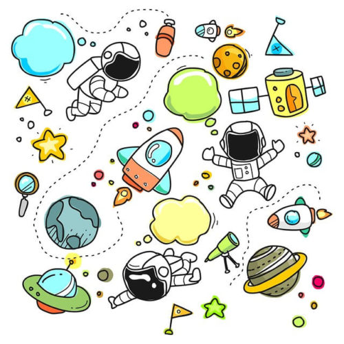 Illustration of children having fun in space type technical devices.