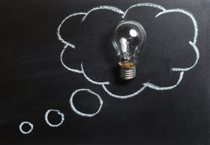 Chalk board illustration of a light bulb, depicting ideas.