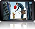 Best learning tablet for kids. The animated picture of a man handing the Pooh bear a balloon.