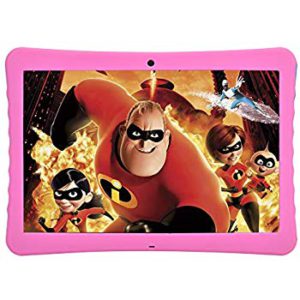 The very colorful picture of aniamted super heroes alongside of children, on the screen of a fun learning tablet.