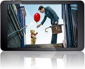 The picture of a man handing the Pooh bear a ballon on the screen of a tablet.