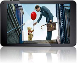 kids learning tablets. the picture of a man handing the Pooh bear a balloon.