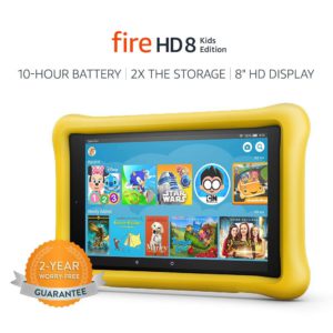 The very colorful picture of a Amazon Fire HD 8, kids edition tablet.
