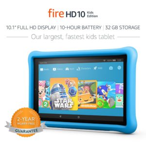 The picture of a very colorful and exciting amazon Fire HD 10 Kids Edition, tablet.