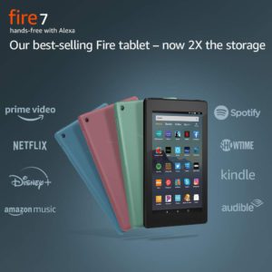 Amazon tablets sale. The illustration of the Amazon Fire tablt 7