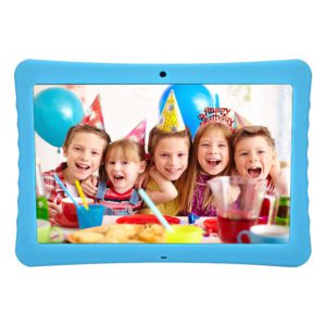 The colorful picture of 5 children having a great time during a birthday party on the screen of a Amazon fire HD tablet.