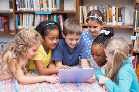 The very colorful picture of six children engaging there kids learning tablet